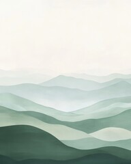 Abstract painting of rolling green hills and mountains under a hazy sky. Soft, muted tones and layered textures create a serene atmosphere.