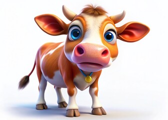 Happy Cartoon Cow, Panoramic View, Isolated on White Background - Farm Animal Illustration