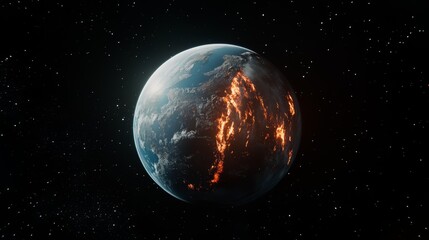 Fototapeta premium Realistic planet Earth floating in deep space, half covered in blue ocean and half engulfed in fiery lava, illuminated by a burning sun, surrounded by stars with a dramatic and ominous atmosphere.