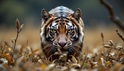 its eyes, a mesmerizing blend of tiger and alligator, scan the surroundings with keen intelligence and predatory focus as it stalks through the open plains near the edge of the dark, looming woods.