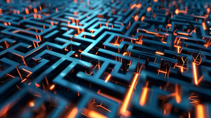 High tech futuristic maze with glowing neon lights and metallic pathways creates abstract and visually striking background, evoking sense