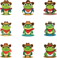 Fototapeta premium Cute Cowboy Frog Clipart Set. Cartoon Western Toad Characters in Hats and Scarves