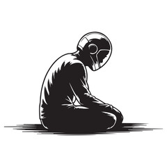 A man is sitting on the ground with his head down. He is wearing a helmet. The man is wearing a black shirt Vector Black silhouettes. with white background