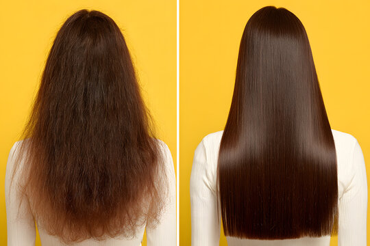 Frizzkontrolle im Vorher-Nachher-Vergleich: Gl&auml;ttungseffekt bei langem braunen Haar
