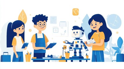 Young creative team building a robot innovative stem education illustration