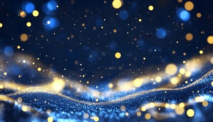 Obraz premium Shimmering blue and gold particles wave across a dark background, illuminated by bokeh lights