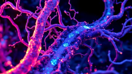 Glowing neon branches intertwined and illuminated in vibrant blue and purple hues, resembling a microscopic or fantastical biological network.