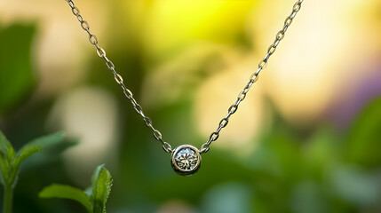Delicate Diamond Pendant Necklace In Nature Background
