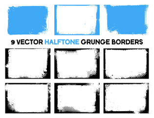 Set of 9 vector halftone grunge borders. Features distressed, edgy rectangular frames with dot patterns. Ideal for adding a retro or textured effect to designs, photos, and layouts.