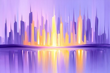 Sunrise cityscape reflected in calm water, vibrant purple and gold hues