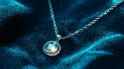 Fototapeta premium Closeup Elegant Diamond Necklace On Dark Fabric