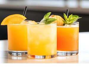 Three refreshing citrus cocktails, garnished with orange slices and mint, served in rocks glasses filled with ice