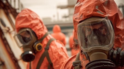 Workers in protective suits and gas masks work with hazardous chemicals in a manufacturing plant