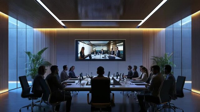 Corporate meeting in modern boardroom with online video call, remote team collaboration