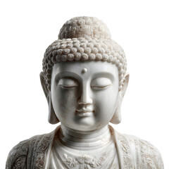 White marble Buddha statue with serene face, front view isolated on white