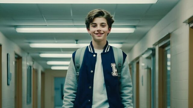 A smiling young popular American boy in a varsity jacket walks confidently down a school hallway. Concept of youth confidence and academic life.