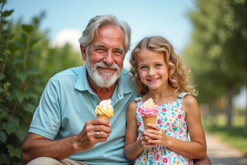 Fototapeta premium Grandpa and granddaughter eat ice cream on the bench on summer park background. AI