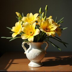 A yellow bunch of sunflower flowers in a vase shows summer beauty as a floral still life on a wooden table