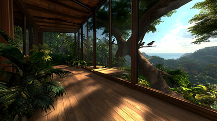 Tropical Forest House Interior With Scenic Mountain View