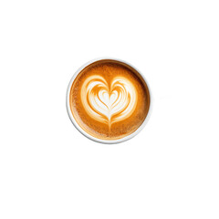 A beautifully crafted latte art featuring a heart design, served in a white ceramic cup, placed on a simple wooden table, with a soft-focus background of a cozy caf&eacute; atmosphere