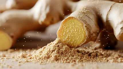 Close Up Of Ginger Root And Powder