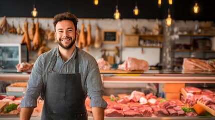 Young smiling man butcher standing at the meat counter, with copy space