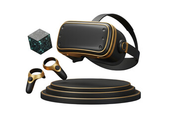 Sleek VR headset and controllers on a black and gold display stand, ready for immersive gaming.