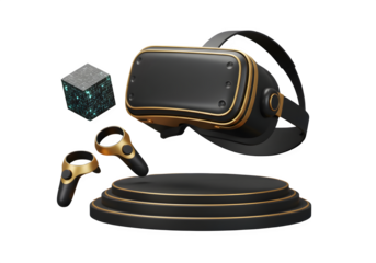 Sleek VR headset and controllers on a black and gold display stand, ready for immersive gaming.