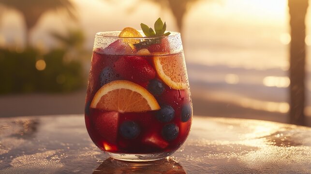 Cold red sangria with fresh fruit on sunset beach background, close up