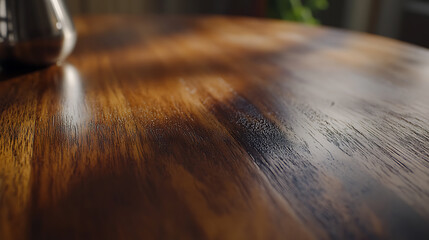Close-Up of Polished Wooden Surface with Light Reflection