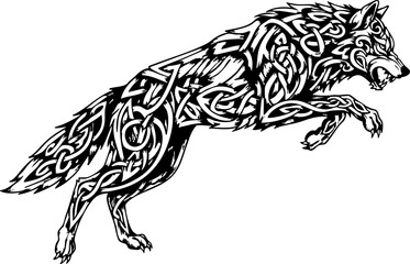 Black and white illustration of a leaping wolf with detailed Celtic knot patterns throughout its body, great for tattoo art or symbolic designs.