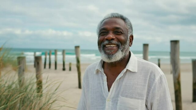 A senior Black man smiles warmly while walking by the beach on a breezy day. Concept of aging joyfully and embracing coastal life.