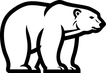 A bold and simple polar bear stands in profile in a black outline drawing for wildlife or arctic themes.