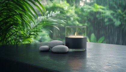 Tranquil candle and stones on a dark surface, rain forest backdrop