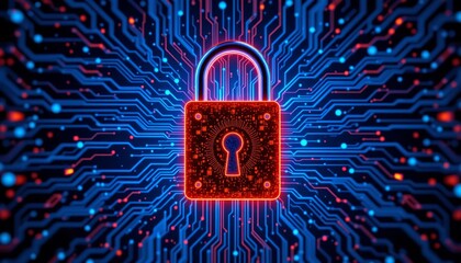 a glowing padlock with intricate circuit board patterns on a vibrant blue background, incorporating...
