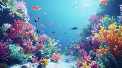 Underwater scene where sea creatures of all types swim harmony around coral reef metaphor for equality