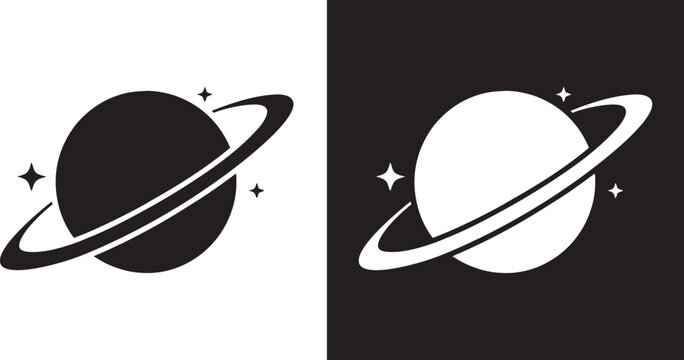 Saturn Silhouette, Planet Saturn with planetary ring vector, cosmos and planet black silhouette, vector illustration