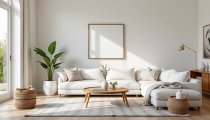 the softness of the white sofa offers a comforting contrast to the cool, neutral tones of the room,...