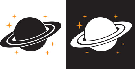 Saturn Silhouette, Planet Saturn with planetary ring vector, cosmos and planet black silhouette, vector illustration © Badhon