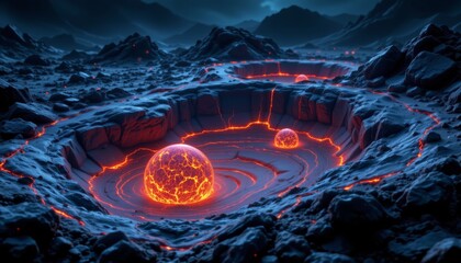 glimmering pools of molten rock bubble and churn with an otherworldly intensity, casting an eerie...