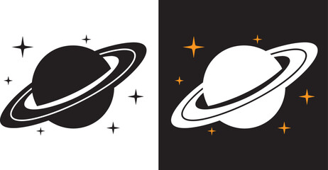 Saturn Silhouette, Planet Saturn with planetary ring vector, cosmos and planet black silhouette, vector illustration © Badman