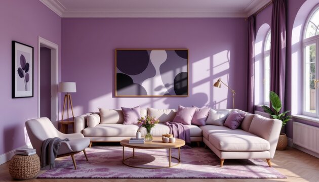 soft purple hue dominates the walls and accent decor, creating a soothing and cozy atmosphere in the chill living room.