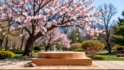 the wooden podium, expertly constructed with attention to detail, is showcased in a scenic spring environment