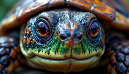 the turtle's eyes are particularly striking, with a glossy finish that captures the light and...