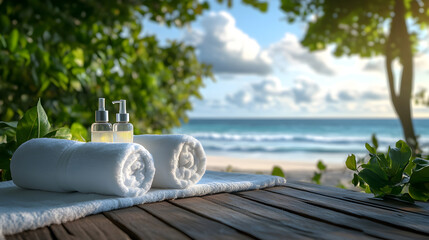 Obraz premium un hermoso paisaje a la orilla del playa con una cama de masaje para un dia relajado tranquilo estilo de vida de armonia cuidado personal