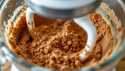 a close up view of a commercial mixer shows a variety of ingredients being blended together,...