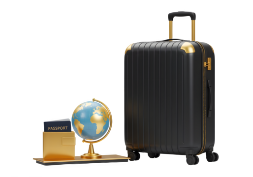 Luxury travel awaits! Black suitcase, passport, and globe. Isolated on white or transparent background