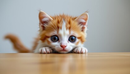 the small furry feline with soft white and orange fur has big round eyes that are wide open as it gazes curiously over the edge of the smooth wooden table. © วุฒิชัย จันทิมา