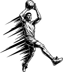 Dynamic vector illustration of a basketball player in action, leaping to score with motion lines. Ideal for sports design and athletic themes.