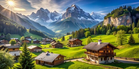 Obraz premium Idyllic Swiss Alpine Village in Summer Valley, Breathtaking Scenery, High-Resolution Stock Photo